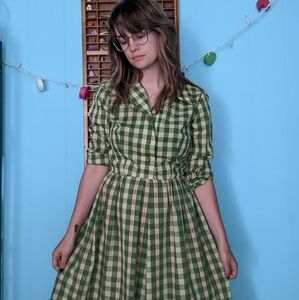Vintage 1960 green and cream gingham button up dress small Serbin of Florida